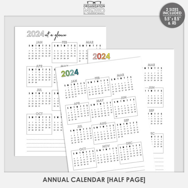 Organization Nerd | Annual Calendar | Half Page