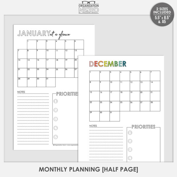 Organization Nerd | Monthly Planning | Half Page